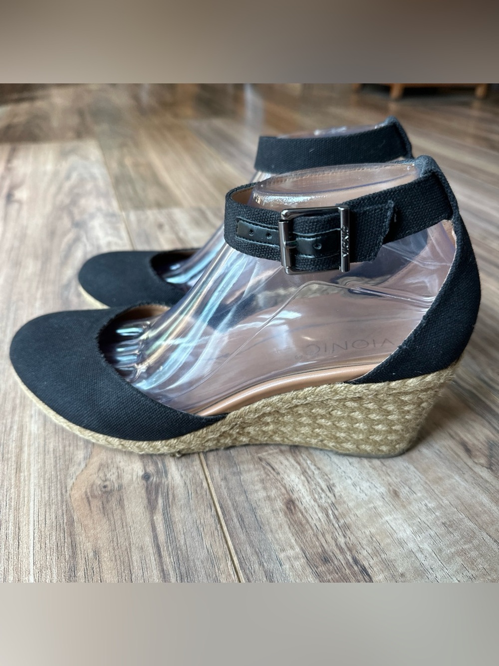Vionic Amy Wedge Espadrille Sandals Size 9 Black Canvas Buckle Ankle Strap